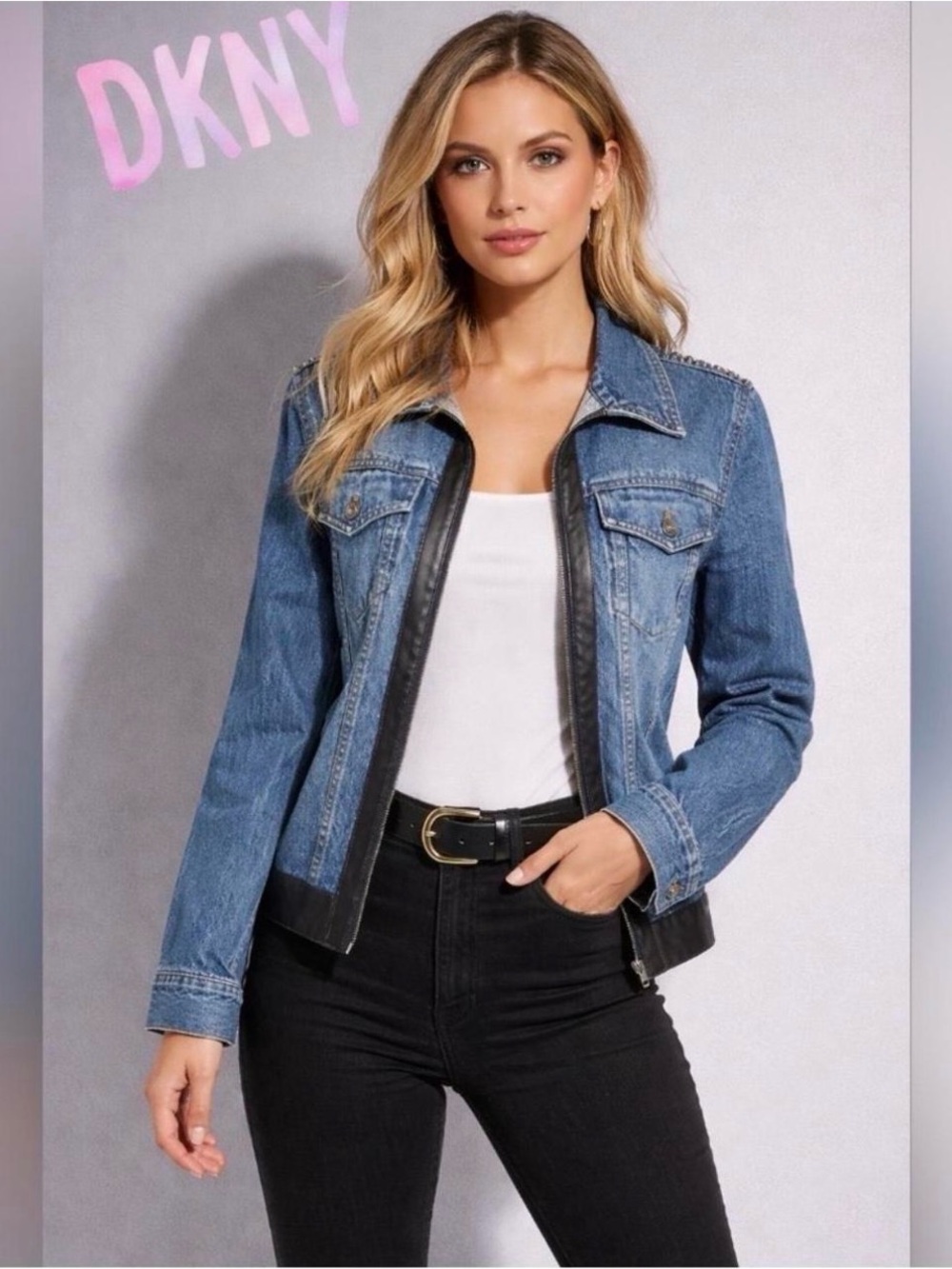 DKNY Blue Denim Jacket with Black Trim Accents EUC